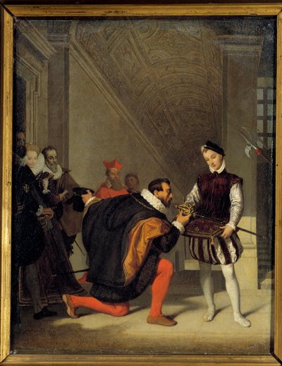 Don pedro de Toledo, embaixador de Filipe II beijando a espada de Henrique IV (1553-1610). Escadaria Henrique II no Louvre. Pintura de Jean Auguste Dominique Ingres (1780-1867) Sol do século XIX. 0,36x0,28 m - Don Pedro de Toledo, Embaixador de Filipe II, de Jean Auguste Dominique Ingres
