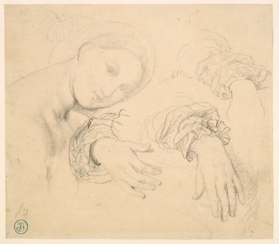Folha de Estudos com o Chefe da Fornarina e Mãos de Madame de Senonnes de Jean Auguste Dominique Ingres