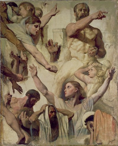 Estudos para o martírio de São Symphorien (santo, mãe e procônsul), 1833 (óleo sobre grafite e giz vermelho sobre tela) de Jean Auguste Dominique Ingres