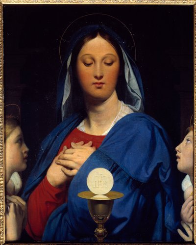 A virgem tem o hospedeiro. Símbolos de comunhão: Objecto da Eucaristia (a hóstia como corpo de Cristo e o vinho do Cálice como seu sangue). Pintura de Jean Auguste Dominique Ingres (1780-1867) de Jean Auguste Dominique Ingres