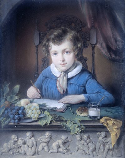 Retrato de um menino, sentado em um nicho de janela e vestindo uma jaqueta azul de Jean Augustin Daiwaille (attributed to)