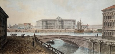 Vista da Academia de Belas Artes do Neva em São Petersburgo - Obra de Jean Balthazard de la Traverse (segunda metade do século XVIII), aquarela e guache sobre papel, final de 1790, de Jean Balthazard de la Traverse