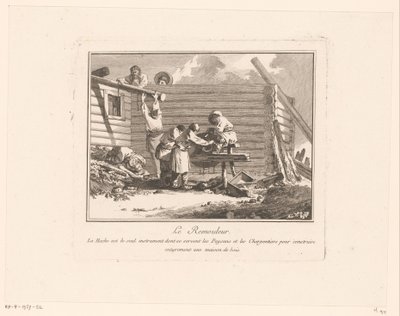 Figuras em um moedor de tesoura na frente de uma casa de madeira em construção Le Remouleur (título no objeto) de Jean Baptist Leprince