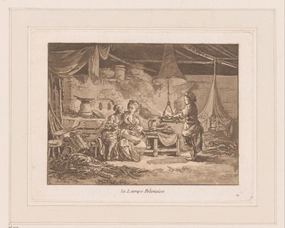 Interior de um celeiro com duas figuras em um banco e um homem perto de um incêndio La Lampe Polonoise (título no objeto) de Jean Baptist Leprince
