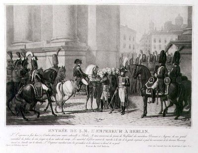A Entrada de Napoleão em Berlim em outubro de 1806, gravada por Louis Jean Allais (1762-1833) (litho) de Jean Baptiste (after) Debret