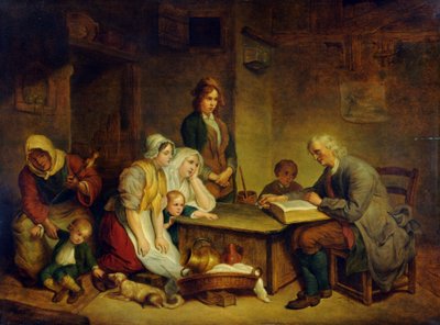 Um pai a ler uma Bíblia à sua família de Jean Baptiste (after) Greuze