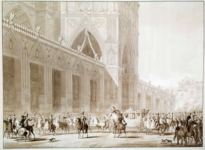 A chegada em carroça do Imperador Napoleão I (1769-1821) e Impressionar Josefina de Beauharnais (1763-1814) na Catedral Notre Dame de Paris no Dia da Gravura Sagrada depois de "O Livro do Sagrado" de Jean Baptiste Isabey (1767-1855) Século XIX de Jean Baptiste (after) Isabey