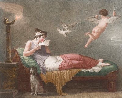 Cupido entrega uma carta de amor. Século XIX (impressão) de Jean Baptiste (after) Mallet