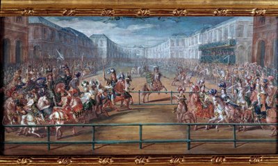 O pomposo carrossel das galantes amazonas das quatro partes do mundo dado por Luís XIV em frente aos Tuileries em 5 de junho de Jean Baptiste (attr. to) Martin