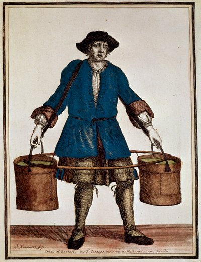 Porta-água, gravura colorida de Henri Bonnart (1642-1711) e Jean Baptiste Bonnart (1654-1726), de Recueil des modes de la cour de France de Jean Baptiste Bonnart