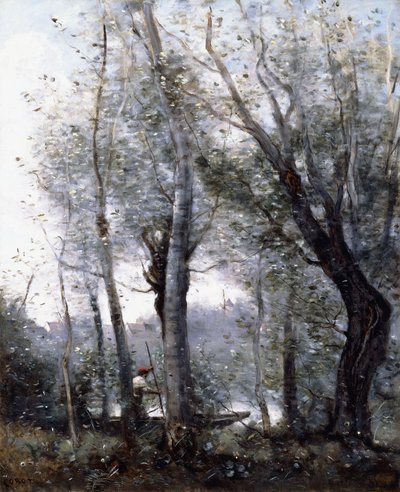 Ein Lastkahn hinter Bäumen am Ufer, 1865-70 von Jean Baptiste Camille Corot