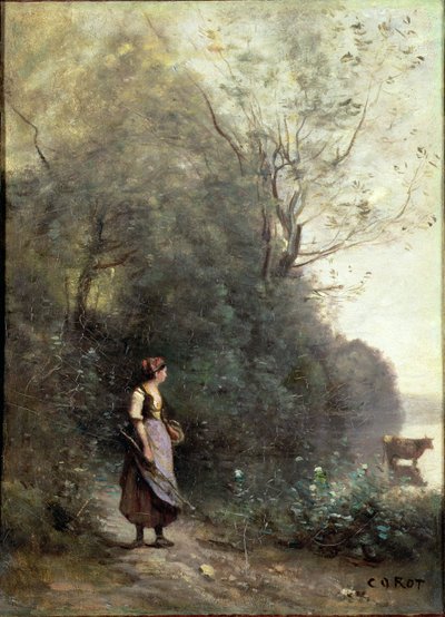 Uma camponesa pastando uma vaca na borda de uma floresta, c.1865-70 de Jean Baptiste Camille Corot