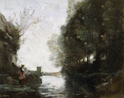 Ein Fluss mit einem quadratischen Turm und einem Bauern im Vordergrund von Jean Baptiste Camille Corot