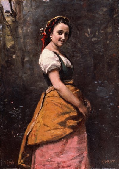 Francês:  Jeune femme en forêt Jovem mulher no bosque de Jean-Baptiste-Camille Corot