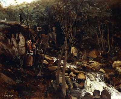 Lormes - Uma torrente com um camponês de pé, lã giratória, 1842 de Jean Baptiste Camille Corot
