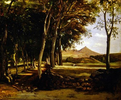 Paisagem de montanha vista através de uma avenida de árvores (óleo sobre tela) de Jean Baptiste Camille Corot
