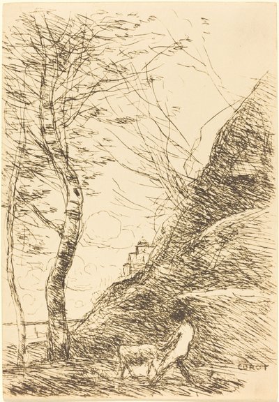 Pastor lutando com uma cabra Berger luttant avec sa chevre, 1874. de Jean Baptiste Camille Corot