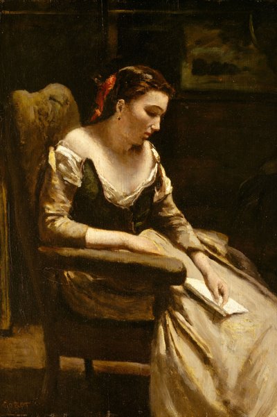 The Letter, c.1865 (óleo sobre madeira) de Jean Baptiste Camille Corot