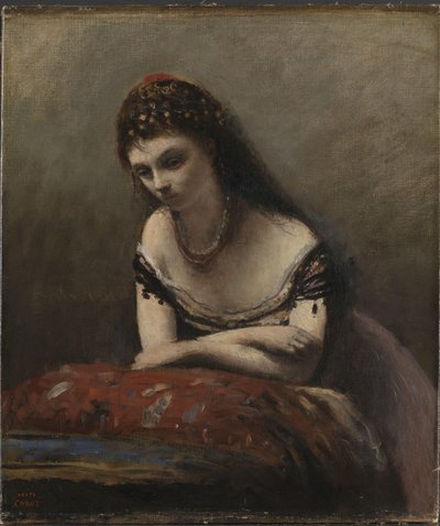 Junge Frau, die sich auf ein Kissen lehnt von Jean-Baptiste-Camille Corot