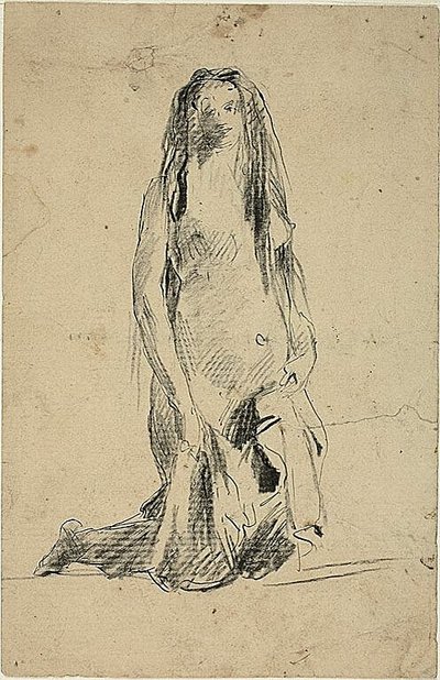 Mulher nua ajoelhada com cortinas de Jean Baptiste Carpeaux