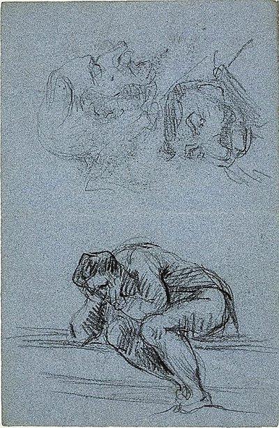 Figura sentada com a cabeça nas mãos e duas caricaturas (anverso); quatro figuras numa luneta (verso) de Jean Baptiste Carpeaux