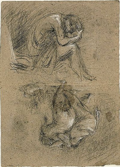 Esboços: Homem sentado com a cabeça nas mãos e duas figuras curvadas em direção aos outros ao fundo (reto); Mulher Reclinada (verso) de Jean Baptiste Carpeaux