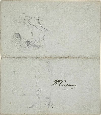 Esboços de duas crianças, barcos no mar (anverso); esboços de uma figura masculina a caminhar, segurando um bastão, e de uma cena costeira (verso) de Jean Baptiste Carpeaux