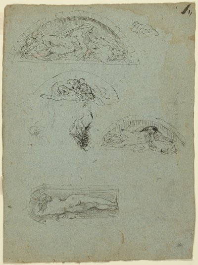 Figura em Pé em Nicho e Estudos para o Grupo Ugolino (reto); Prelado de túnica vermelha em uma multidão (verso) de Jean Baptiste Carpeaux