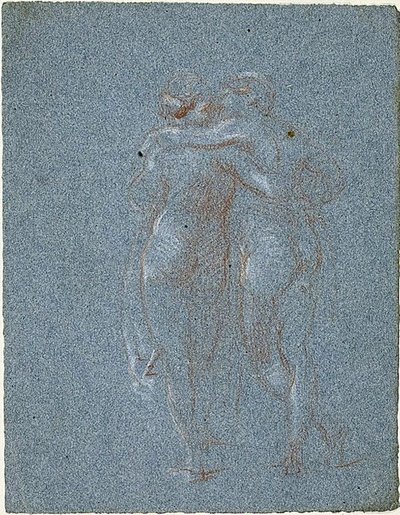 Duas Figuras em Pé, Abraçando-se (reto); Homem com foice e esboços de edifícios (verso) de Jean Baptiste Carpeaux