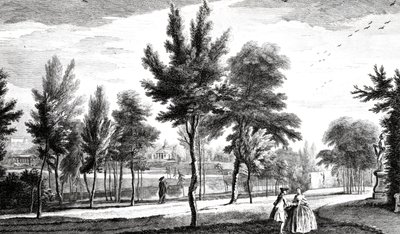 Uma visão dos campos Elysian da Primavera de Helicon, Stowe House Gardens, gravada por George Bickham, 1753 de Jean Baptiste Claude Chatelain