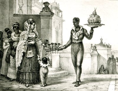 Vendedor de flores do lado de fora de uma porta da igreja, de &39;Quaint and Historical Travel in Brazil&39;, de Jean Baptiste Debret