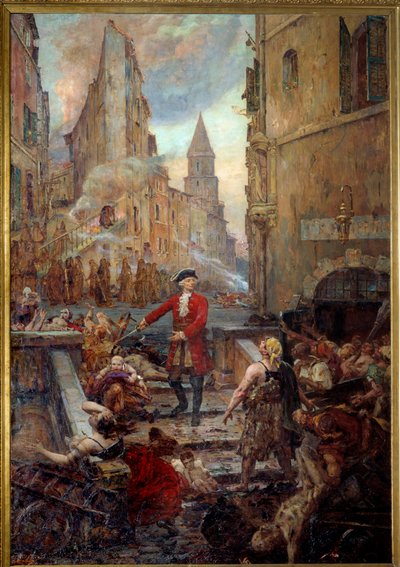 O Chevalier Roze no Montee des Aroules em Marselha Nicola Roze (1675-1733) liberta o bairro de Armoules em Marselha dos cadáveres dos pestilentos durante a grande praga de 1720. Pintura de Jean-Baptiste Duffaud (1852-1927) de Jean Baptiste Duffaud