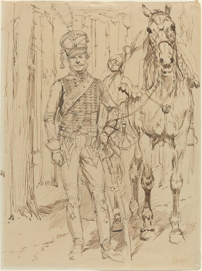 Um hussardo francês conduzindo um cavalo de Jean-Baptiste Edouard Detaille