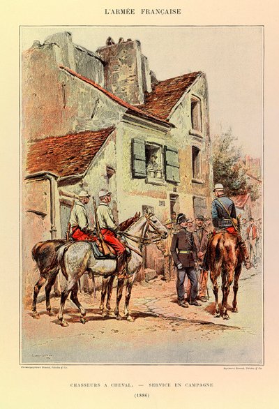 Tipos e Uniformes da Armadura Francesa do Capitão Jules Richard, ilustrado por Edouard Detaille (1848-1912): Hunters a Horseback; Serviço de Campo em 1886, Colecção Privada de Jean-Baptiste Edouard Detaille