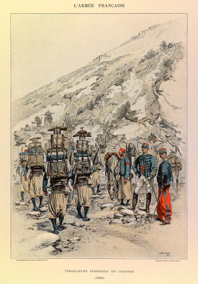 Tipos e Uniformes da Arma Francesa do Capitão Jules Richard, ilustrado por Edouard Detaille (1848-1912): Indígenas Tirailleurs na Coluna em 1886, Coleção Particular de Jean-Baptiste Edouard Detaille