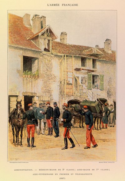Tipos e Uniformes da Arma Francesa do Capitão Jules Richard, ilustrado por Edouard Detaille (1848-1912): Administração: Medicin Major de 2ª Classe; Ajudante Major de 1ª Classe; Ajudante Veterinário Primeiro e Telégrafo em 1887, Coleção Privada de Jean-Baptiste Edouard Detaille