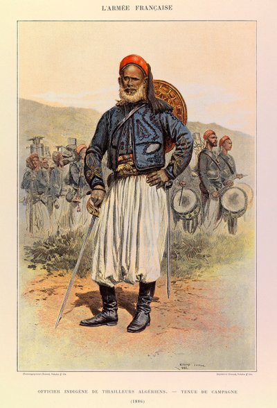 Tipos e Uniformes da Arma Francesa do Capitão Jules Richard, ilustrado por Edouard Detaille (1848-1912): Oficial nativo de tuneis argelinos em trajes de campo em 1886, Coleção Privada de Jean-Baptiste Edouard Detaille