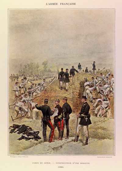 Tipos e Uniformes da Arma Francesa do Capitão Jules Richard, ilustrado por Edouard Detaille (1848-1912): Corps de Genie; Construção de um Redoubt em 1886, Coleção Particular de Jean-Baptiste Edouard Detaille