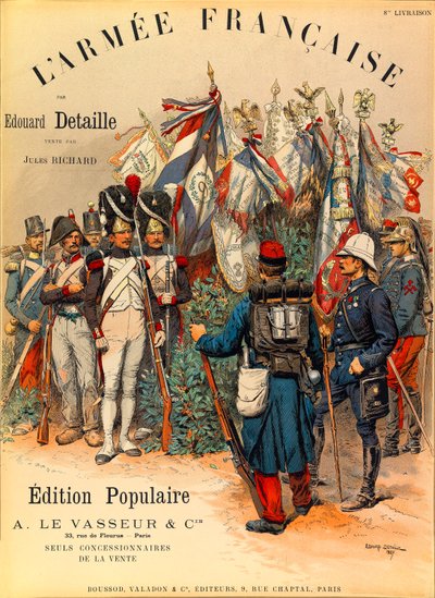 Tipos e uniformes da Armee francesa pelo Capitão Jules Richard, ilustrado por Edouard Detaille (1848-1912): Primeira capa do livro "L