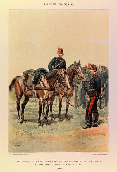 Tipos e uniformes da Armadura Francesa do Capitão Jules Richard, ilustrados por Edouard Detaille (1848-1912): Artilharia: Suboficiais de baterias em cavalos e atiradores de baterias a pé em grandes vestes em 1886, Colecção privada de Jean-Baptiste Edouard Detaille