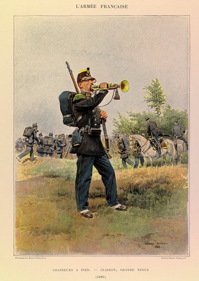Tipos e uniformes da Armee francesa do Capitão Jules Richard, ilustrados por Edouard Detaille (1848-1912): Caçadores a pé: Bugle em grande vestido em 1885, Colecção privada de Jean-Baptiste Edouard Detaille