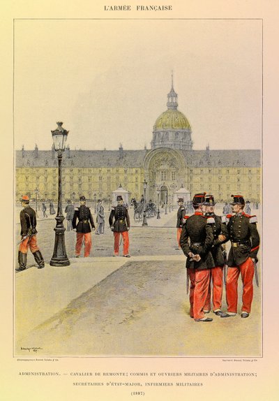 Tipos e uniformes da Armadura Francesa do Capitão Jules Richard, ilustrados por Edouard Detaille (1848-1912): Administração: Cavaleiro, escrivão militar e trabalhadores administrativos, secretários de pessoal, enfermeiros militares em 1887, Colecção privad de Jean-Baptiste Edouard Detaille