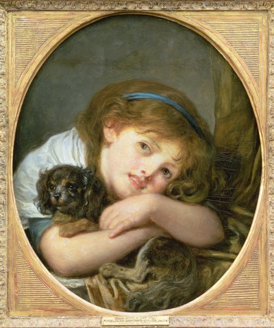 Uma menina com um cão de estimação (óleo no painel) de Jean Baptiste Greuze