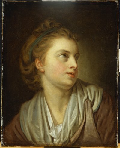 Uma garota, comprimento do busto, com uma faixa de cabelo verde, olhando para cima de Jean Baptiste Greuze