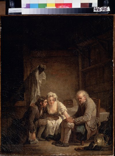 "Homem Cego Enganado". Homem honesto vítima de engano, vigarice e falta de honestidade. Pintura de Jean Baptiste Greuze (1725-1805) 1755 aproximadamente. Óleo sobre tela. Rococo . Museu Pushkin, Moscovo de Jean Baptiste Greuze