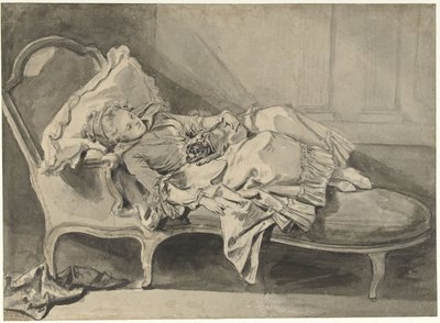 Madame Greuze numa chaise-longue com o seu pequeno cão de Jean Baptiste Greuze