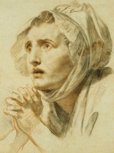 Retrato de uma mulher, comprimento do busto, em um capô, com as mãos entrelaçadas, de Jean Baptiste Greuze