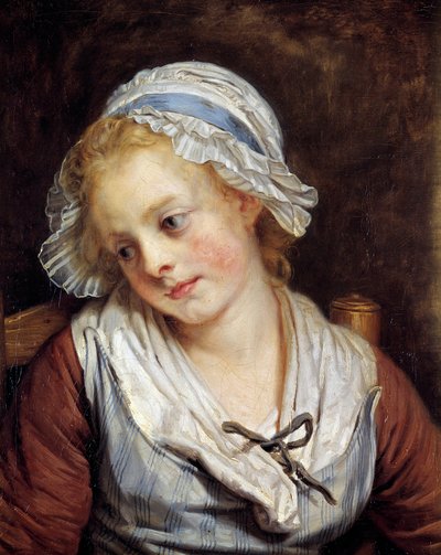 Retrato de uma primeira pintura de Jean-Baptiste Greuze (1725-1805). 1765. Dim. 0,45x0,37 m. Chantilly, Musee Conde - Retrato de uma jovem rapariga. Pintura de Jean-Baptiste Greuze (1725-1805). 1765. 0,45 x 0,37 m. Museu Conde, Chantilly, França de Jean Baptiste Greuze