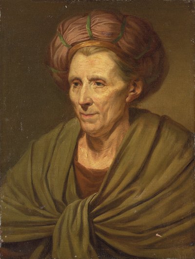 Retrato de uma mulher, comprimento do busto, com um turbante marrom e xale verde de Jean Baptiste Greuze