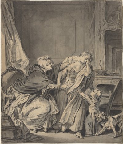 A Mãe Furiosa (lavagem a preto e cinzento sobre grafite em papel vegetal) de Jean Baptiste Greuze